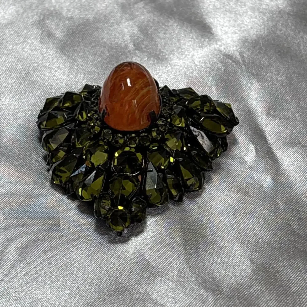 RARE SCHREINER NEW YORK Orange Cabochon Green Rhinestone Vintage Brooch 2.5”